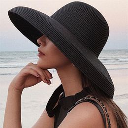 HT2303 2019 New Summer Sun Hats Ladies Solid Plain Elegant Wide Brim Hat Female Round Top Panama Floppy Straw Beach Hat Women Y200271d