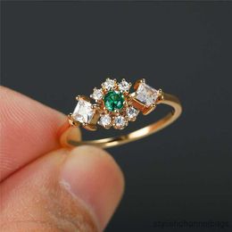 Band Rings Vintage Female Green Zircon Stone Ring Trendy Gold Color Thin Engagement Ring Charm Crystal Square Wedding Rings For Women