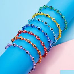 Beaded Fashion Rainbow Crystal Beads Evil Blue Eye Strands Bracelet For Couple Men Women Adjust Rope Luck Lgbt Friends Hand Braid Je Dhugc