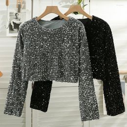 Women's T Shirts 2023 Women Velvet T-Shirt Shiny Sequins O-Neck Long Sleeve Short Clubwear Tops Female Spring Autumn Chic Pullover Blouses