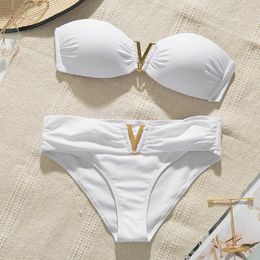 Womens Swimwear White push up woman swimsuit 2022 new Summer beach sexy bikini set solid swimming suit for women swimwear Bandeau bathing suit H230515