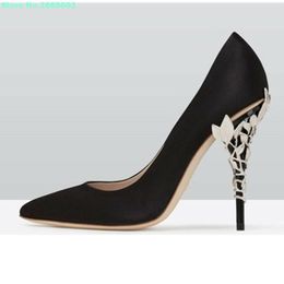 Dress Shoes Pointed Toe Stiletto Metal Heels Pumps Branches Leaves Shallow Solid Abkle Women Concise Spring Party Wedding