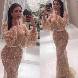 Arabic Beaded Poet Long Sleeves Evening Dresses Champagne Blue High Neck Formal Party Celebrity Gowns Prom