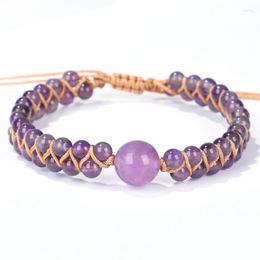 Charm Bracelets Natural Amethysts Stone Bracelet Rope Wrapped Round Quartz Purple Crystal Braided For Women Femme Yoga Reiki Boho