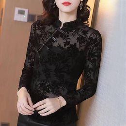 Women's Blouses Women's Spring Autumn Blouse Shirt Solid Colour Long Sleeve Embroidery O-Neck Button Chinese Style Slim Lace Tops DD8349