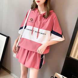 Women's Two Piece Pants 2023 new fashion loose raglan top sleeve and shorts pink two piece set for women Pyjama clothes P230515