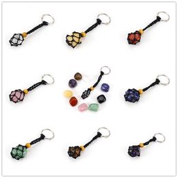 Black Adjustable Cord Wax Rope Holder Key Rings Natural Quartz Crystal Healing Stone Net Bag Keychain Pendant Size 1.5-2.3cm