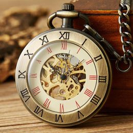 Pocket Watches Vintage Bronze Hollow Mechanical Watch Men Roman Number Dial Steampunk Hand Winding Retro Male Clock Gifts