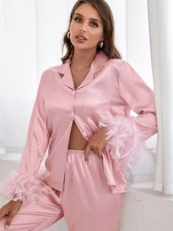 Women's Sleepwear Hiloc Satin Pyjamas With Feathers Trouser Suits High Waist Sleepwear Women Pyjama Sets With Pants Fur Single Breasted Sets 230515