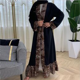 Ethnic Clothing Luxurious Leopard Print Ruffles Muslim Peignoir Abayas Robes Female Full Length Opened Abaya Dress F1648