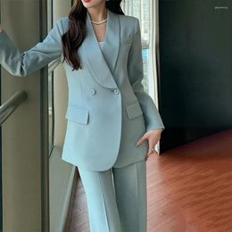 Women's Two Piece Pants Women Office Blue Blazer Shawl Collar Pantsuit Vintage Long Sleeve Suit Jackets Pencil 2 Pieces Set Female Fashion