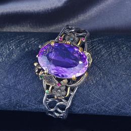 Cluster Rings Purple Zircon Lotus Vintage Crystal 925 Silver Talismans Jewelry Luxury Adjustable Ring Carved Jade Women Gift Natural
