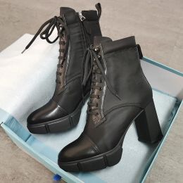 2023 Women Plaque Ankle Boots Shoes High Heels Top Quality Genuine Leather Shoes Fashion Black Lace up Chunky Rubber Shoes With Box