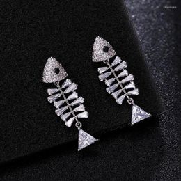 Stud Earrings Top Quality Gold Silver Color Pave Zircon Fish Bones S925 Post Studs For Women Brincos Fashion Jewelry