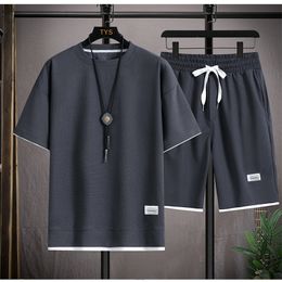 Mens Tracksuits Summer Two Piece Set Linen Fabric Casual TShirt And Shorts Sports Suit Fashion Short Sleeve Tracksuit Men Suits 230512