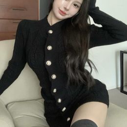 Casual Dresses Sexy Femme Ladies Vintage Clothing Button Long Sleeve Black Women's Tight Party One-Piece Shirt Birthday Outfits Knitting