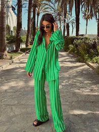 Women's Two Piece Pants Stripe Casual Shirts Two Piece Set Women Green Loose Long Sleeve Shirt Wide Leg Pants Female Suit 2023 Sping Summer Fashion Sets P230515