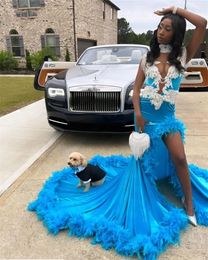 Sexy Sparkly Mermaid Prom 2023 Halter Neck Crystal Beads Tassels Feathers Birthday Party Dress Formal Gowns Robe De Bal 322