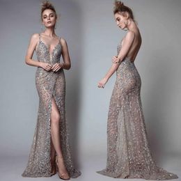New Gorgeous Evening Dresses Prom Party Gown Mermaid Spaghetti Floor-Length Sweep Train Beaded Crystal Sequins Lace long Backless Illusion