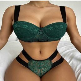 Bikini Air Bra & Panties Women New Sexy Low Waisted ThongLace Perspective Split Lingerie Women's Underwear Suit Hot Selling Gathers Set Picture Color Nonwoven