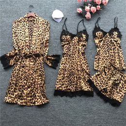 Womens Sleepwear Leopard Print Sexy Women Pyjamas Sets Satin Sleepwear Pijama Silk Home Wear Embroidery Sleep Lounge Pyjama Nightwear Lingerie 230515