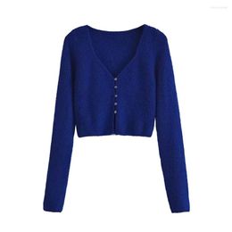 Women's Knits BBWM 2023 Women Y2K Vintage Navy Blue Sweater Girl Streetwear Fashion V Neck Slim Knitted Cardigan Chic Short Tops
