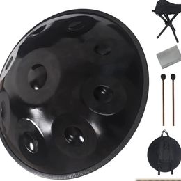 Handpan drum D minor 440Hz 22" (approx. 55.9 cm) 9 notes steel black tambourine musical instrument with soft handbag