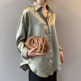 Women's Blouses Autumn Fashion Button Up Satin Silk Shirt Vintage Blouse Women Green Solid Lady Long Sleeves Female Loose Street Shirts