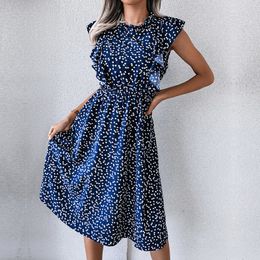 Casual Dresses Ficusrong Vintage Butterfly Sleeve Ruffles Heart Dot Print Dress Women Medium Long Chiffon Ladies Spring Summer Dress 230515