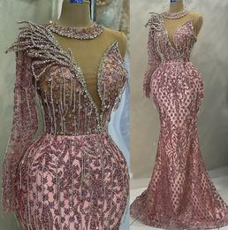 2023 Maj Aso Ebi Pink Mermaid Prom Dress Pärled Crystals Sequined Lace Evening Formal Party Second Reception Födelsedagsengagemang Klänningar Robe de Soiree ZJ265