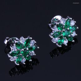 Stud Earrings Valuable Flower Green Cubic Zirconia White CZ Silver Plated V0385