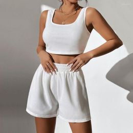 Women's Tracksuits 2 Pcs/Set U-Neck Sleeveless Elastic Waistband Ribbed Sport Suit Women Solid Color Crop Top High Waist Shorts Set Daily