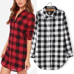 Shirts Women Long Sleeve Turndown Collar Classic Plaid Print Shirt Single Breasted Cotton Long Shirts Black Red