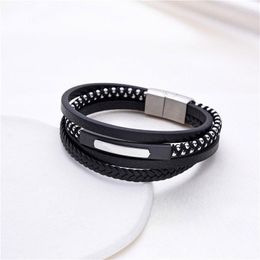 Bangle Fashion Multi-layer Hand-Woven Steel Black Men Leather Stainless Top Quality Bracelet For Surprise Birthday Gifts
