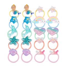 16160 Cute Baby Girls Hair Rope Resin Cartoon Mermaid Rainbow Crown Kids Hair Ring High Elastic Hairband Children Girl Hairs Rings