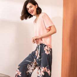 Women's Sleepwear Summer Pajamas Set Women Comfortable Cotton Viscose Contrasting Color Pajamas Short Sleeve Tops with Long Trousers Ladies Pj Set 230515