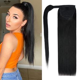 14" Human Hair Ponytail Extensions 120g #1 Jet Black 100% Remy Human Hair Wrap Around Long Ponytail Clip in Hair Extensions Straight One Piece Hairpiece