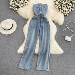 Women's Two Piece Pants TEELYNN Sexy Sleeveless Cotton Blue Denim Jumpsuits Women Casual High Waist Playsuits Vintage Wide Leg Lady Summer Jumpsuit 230512