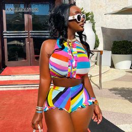 Women's Tracksuits Multi Color Print 2 Piece Short Sets Women 2023 Summer Vacation Outfits Crop Top and Shorts Matching Sets D85-DF18 T230515