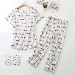 Women's Sleepwear Cute Women's Pyjamas Set Dachshund Teckel Two Pieces Short Sleeve Tops Three Quarter Pants Capris Sleepwear Big Size S-3XL 9901 230515