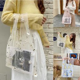 Shopping Bags Spring Summer Female Flower Embroidery Hand Bag Organza Casual Tote Mesh Summer Floral Tote Bags Eco-friendly Mesh Handbag