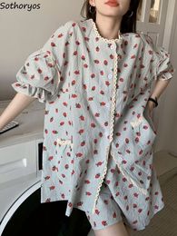 Women's Sleepwear Summer Baggy Pyjama Sets Women Short-sleeve Sweet Strawberry Chic Print Aesthetic Student Dormitory Sleepwear Ins 2 pcs 230515
