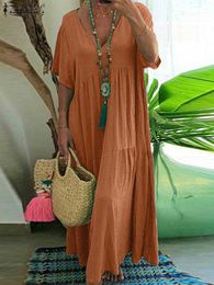 Casual Dresses Bohemian Summer Dress Fashion V Neck Short Sleeve Sundress ZANZEA Women Holiday Long Dresses Solid Kaftan Casual Beach Vestidos P230515