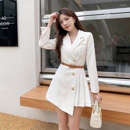 Casual Dresses 2023 Spring Fall Korean Lady Single-breasted Notched Temperament Blazer Elegant Women Solid Pleated Dress