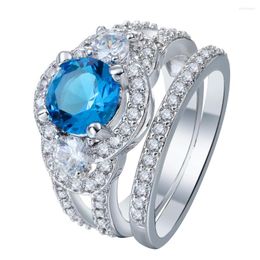 Wedding Rings Romantic Luxury Promise Sets Blue Green Zircon Women Jewellery Princess Micro Paved Cz Ring