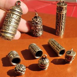 Hollow Brass Buddha Bottle Sutra Cylinder Pendant Keychain Necklace Jewelry Handmade Vintage Pill Box Container Bottle Keychains