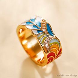 Band Rings Handmade Ring for Women Colourful Feather Pattern Gold Colour Cubic Ring Romantic Bridal Wedding Jewellery