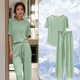 Women's Sleepwear Fdfklak Short Sleeve Two Piece Set Summer Green Pajama Suit For Women Fashion Soft Sleepwear Korean Loose Nightwear 230515