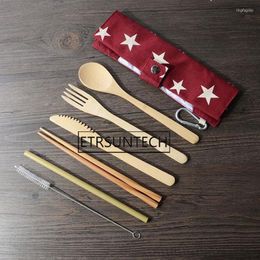 Dinnerware Sets 100sets Camping Bamboo Cutlery Set Flatware Includes Fork Spoon Knife Chopsticks Straw Cleaning Brush