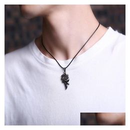 Pendant Necklaces Mens Punk Dragon Flame Necklace Titanium Stainless Steel Cool Leather Rope Chain Jewelry Gift Drop Delivery Dhgarden Dhizm